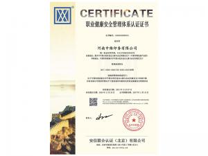 职业健康安全管理体系认证证书
